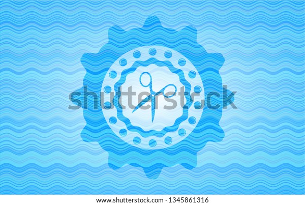 scissors\
icon inside water wave representation\
badge.