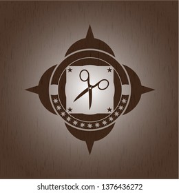 scissors icon inside wood emblem. Retro