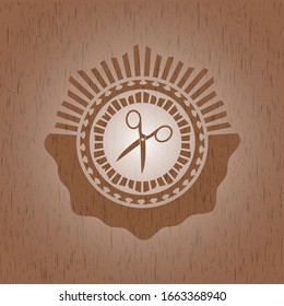 scissors icon inside wood emblem. Retro