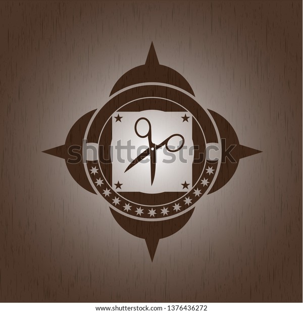 scissors icon inside wood
emblem. Retro