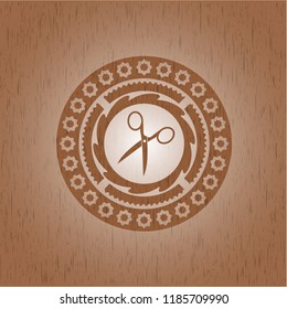 scissors icon inside wooden emblem. Retro