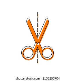 scissors icon. Isolated icon consisting of black thin contour and orange moved filling on different layers. White background