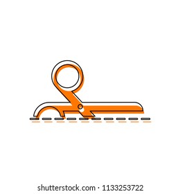 scissors icon. Isolated icon consisting of black thin contour and orange moved filling on different layers. White background