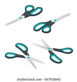 Scissors icon isometric set. Blue scissors. Object is isolated on white background.