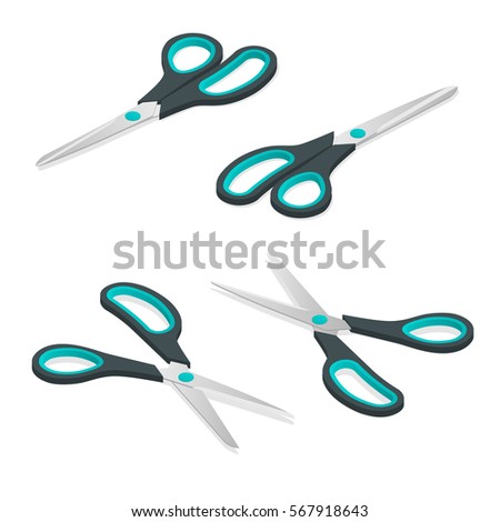 Scissors icon isometric set. Blue scissors. Object is isolated on white background.