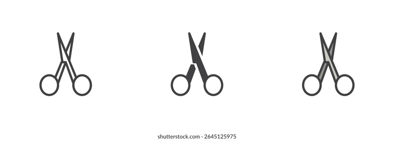 Scissors icon in line, solid, and filled outline style. Hygiene and grooming tool symbol. Vector cutting icon set for hair, trimming, or personal care use.