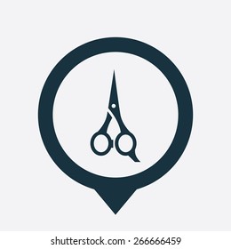 scissors icon map pin on white background
