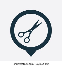 scissors icon map pin on white background