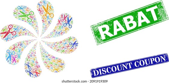 Scissors icon multicolored rotation cluster petals fireworks composition, and grunge Rabat seal. Blue Discount Coupon and green Rabat rectangle grunge seal stamps.