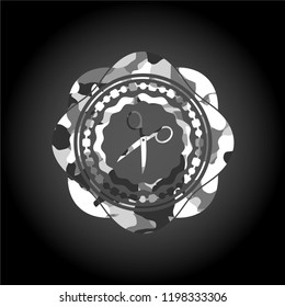scissors icon on grey camouflage pattern