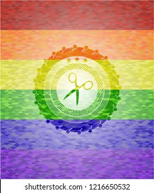 scissors icon on mosaic background with the colors of the LGBT flag