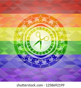 scissors icon on mosaic background with the colors of the LGBT flag