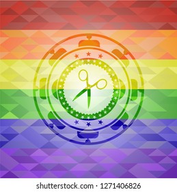 scissors icon on mosaic background with the colors of the LGBT flag