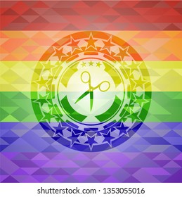 scissors icon on mosaic background with the colors of the LGBT flag