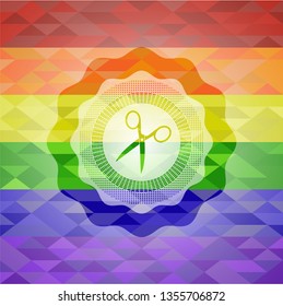 scissors icon on mosaic background with the colors of the LGBT flag