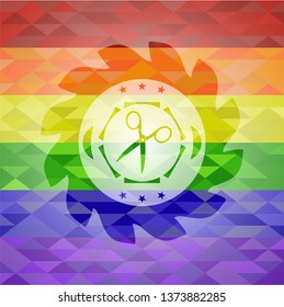 scissors icon on mosaic background with the colors of the LGBT flag