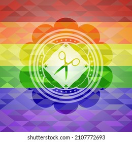 scissors icon on mosaic background with the colors of the LGBT flag. 