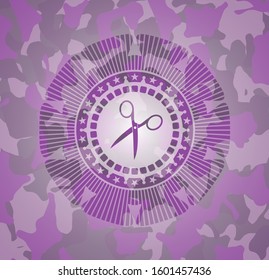 scissors icon on pink and purple camouflaged texture