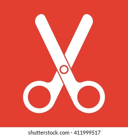 Scissors icon on red background.