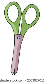 Scissors icon on a white background. Illustration of the scissors icon, with a green handle.