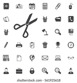 Scissors icon on the white background. Office set of icons