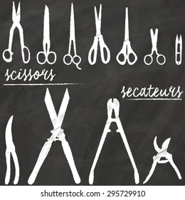 Scissors icon painted by hand from the chalk on the blackboard in the form of vectors.
