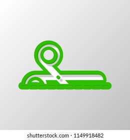 scissors icon. Paper style. Cut symbol with green bold contour on shape and simple shadow