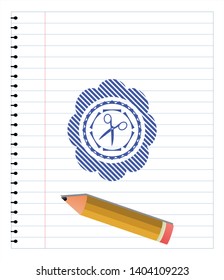 scissors icon pen strokes emblem. Blue ink. Vector Illustration. Detailed.
