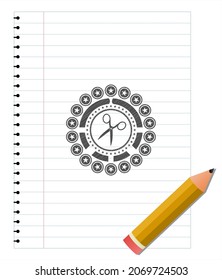 tijeras icono pincel pinza emblema. Ilustración vectorial. Detallado. 