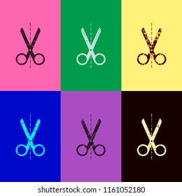 scissors icon. Pop art style. Scratched icons on 6 colour backgrounds. Seamless pattern