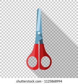 Scissors icon with red handle in flat style with long shadow on transparent background