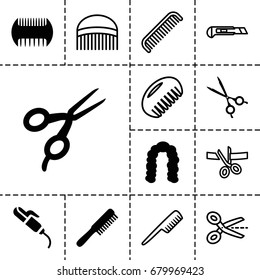 Scissors icon. set of 13 filled and outline scissors icons such as comb, hairstyle, hair curler