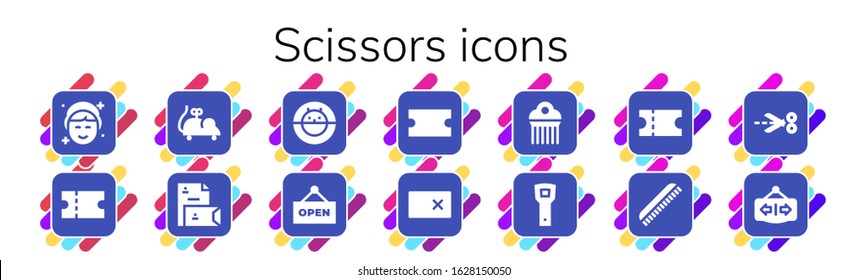 scissors icon set. 14 filled scissors icons. Included Makeup, Coupon, Mouse toy, Stationery, Hamster ball, Open, Erase, Comb, Opener, Scissors icons