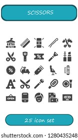  scissors icon set. 25 filled scissors icons. Simple modern icons about  - School, Comb, Eraser, Hairpin, Scissors, Opener, Coupon, Makeup, Make up, Mouse toy, Electric razor