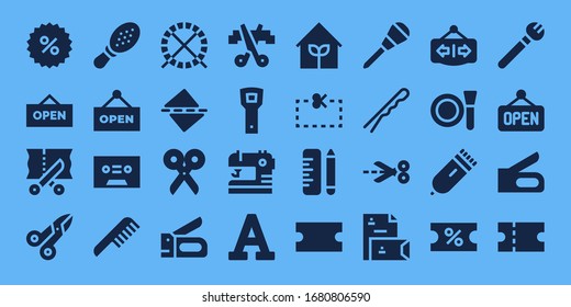 scissors icon set. 32 filled scissors icons. on blue background style Simple modern icons such as: Coupon, Open, Scissors, Comb, Tape, Hamster ball, Straighten, Stapler, Opener