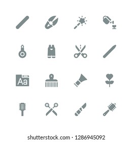scissors icon set. Collection of 16 filled scissors icons included Comb, Scalpel, Scissors, Garden, Barber, Font, Nail brush, Cut, Gardening, Threader, Magic tool, Scissor, Nail file