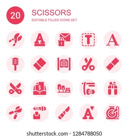 scissors icon set. Collection of 20 filled scissors icons included Shears, Font, Erase, Comb, Eraser, Saloon, Scissors, Rubber, Taxes, Garden, Shave, Nail clippers, Pruning shears