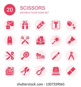 scissors icon set. Collection of 20 filled scissors icons included Erase, Nail clippers, Electric razor, Font, Gardening, Scissors, Taxes, Magic tool, Barber, Comb, Garden, Makeup