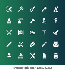 scissors icon set. Collection of 25 filled scissors icons included Eraser, Gardening, Scissors, Comb, Garden, Taxes, Makeup, Scissor, Cut, Nail brush, Saloon, Threader, Eyelashes curler