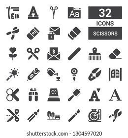 scissors icon set. Collection of 32 filled scissors icons included Shears, Embroidery, Makeup, Garden, Scissors, Font, Comb, Thimble, Nail clippers, Cut, Saloon, Scissor, Threader