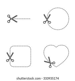 Scissors icon set with cut line . Vector illustration