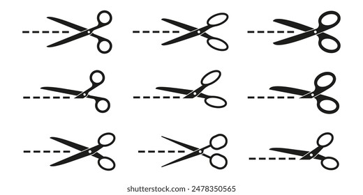 Scissors icon set. Scissors with cut lines.