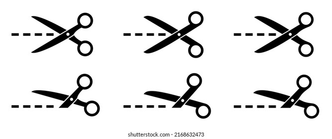 Scissors Icon Set. Cutting Scissors With Cut Lines Symbols. Cut Here Signs. Isolated. - Stock Vector