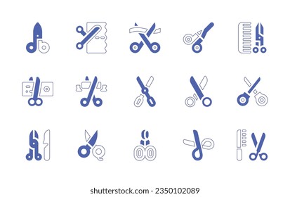 Juego de iconos de tijeras. Curso de línea de estilo duotónico y negrita. Ilustración vectorial. Conteniendo tijeras, corte, ceremonia de apertura, impuestos, tijera, herramientas médicas, belleza.