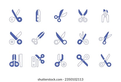Scissors icon set. Duotone style line stroke and bold. Vector illustration. Containing cut, sewing scissors, scissors, scissor, comb, cut card.