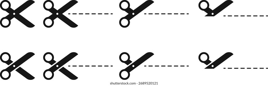 Ícone de tesoura definido.  Marca de corte de traço de papel. Conceito de negócio de sinais de cabeleireiro. Símbolo de barbeiro aberto, escola, escritório
