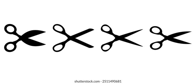 Scissors icon set. Simple silhouette of open scissors. Scissors logo icon. Stock vector cut here illustration isolated on a white background.