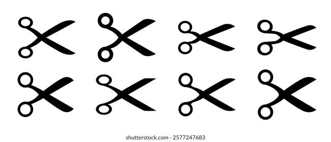 Scissors icon set. Simple silhouette of open scissors. Scissors logo icon. Stock vector illustration isolated on a white background.