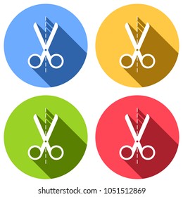 scissors icon. Set of white icons with long shadow on blue, orange, green and red colored circles. Sticker style