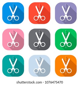 scissors icon. Set of white icons on colored squares for applica